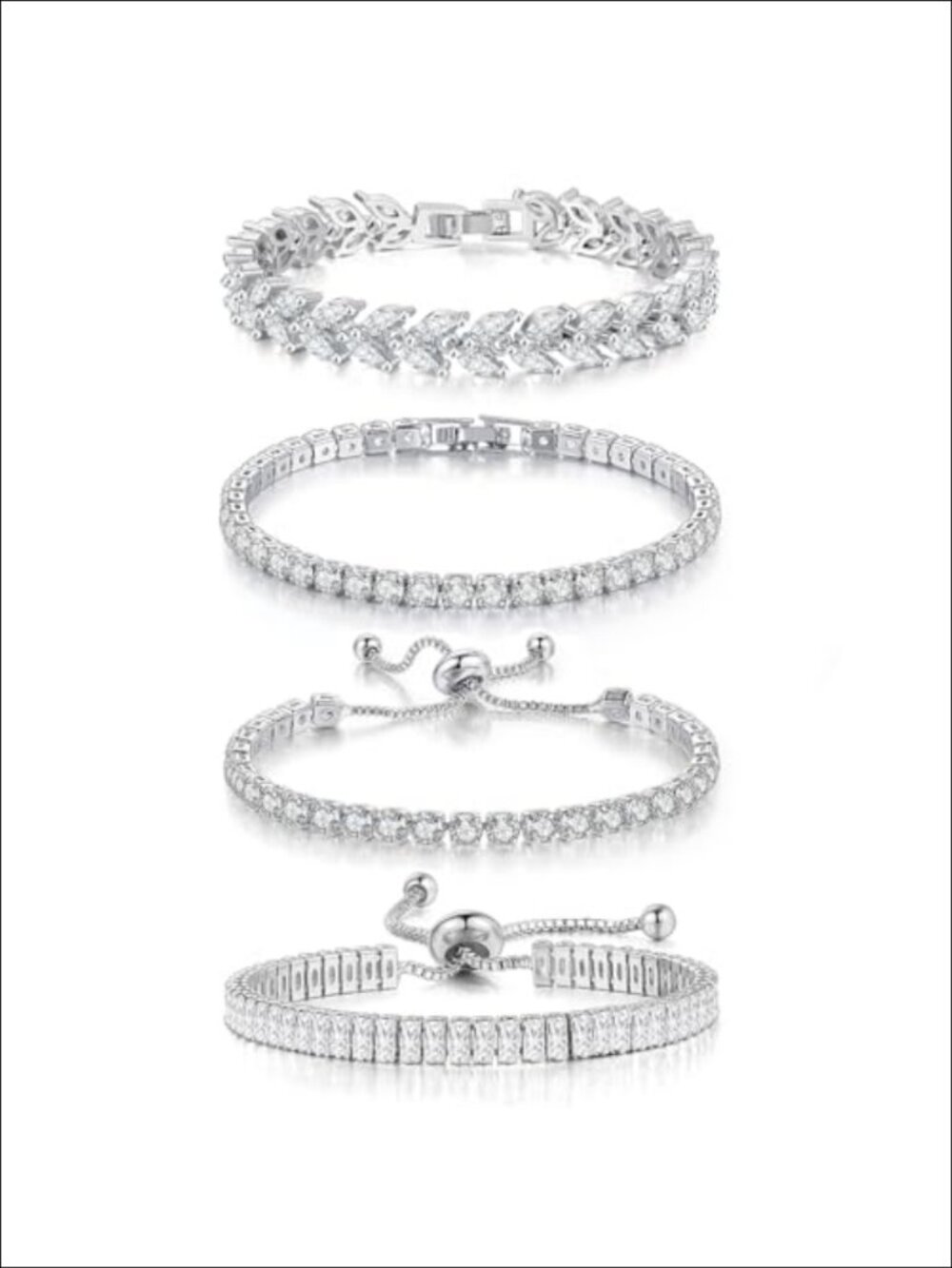 4 Pcs Tennis Bracelet Set Silver Plated Marquise Cubic Zirconia Adjustable